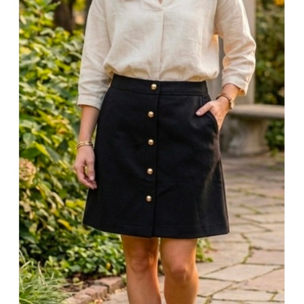 LOFT Faux Suede Button Front A-Line Skirt Gold Buttons Black Women's Size 4
